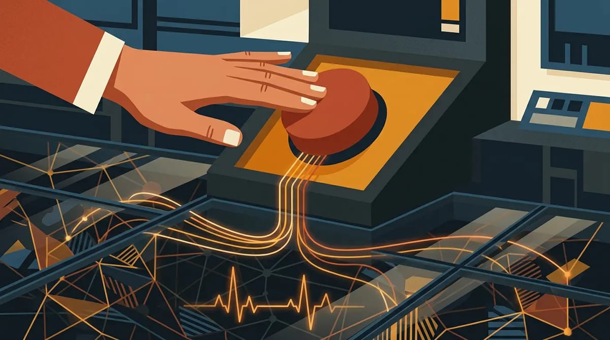 A human hand hovering over a red HALT button connected to a pulsing geometric neural network emitting an irregular heartbeat line