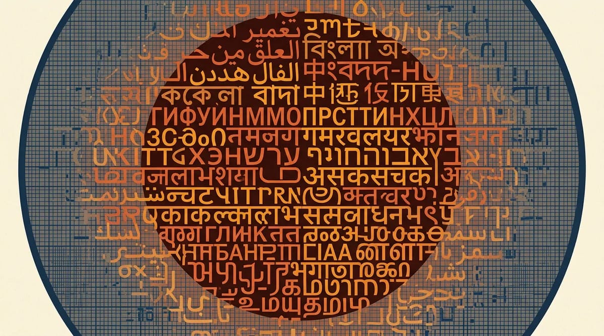 Silicon wafer showing complete dominant-language scripts at center and fragmented low-resource language scripts fading at edges with digital noise overlay