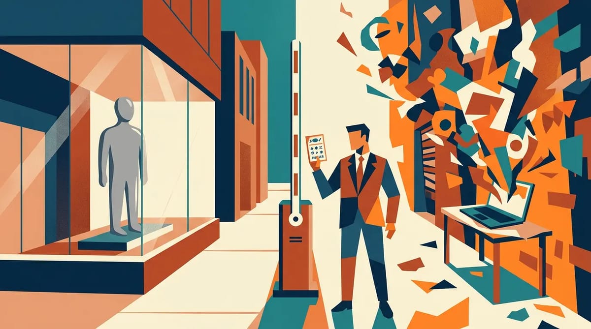 Split scene showing a sterile corporate AI model behind glass on one side and a vibrant chaotic model bursting from a laptop in an alley on the other, separated by a toll gate with an insurer holding a lottery ticket.