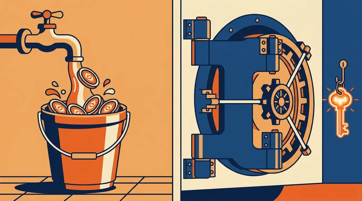A faucet pouring cheap gold tokens into a bucket on the left; a vault door with a glowing consent key on the right, representing the shift from cheap inference to expensive trust.