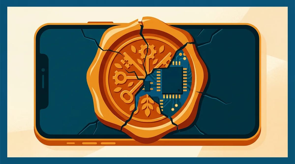 A cracked wax seal on a smartphone screen revealing a firmware chip underneath, symbolizing how legal authentication becomes technical control