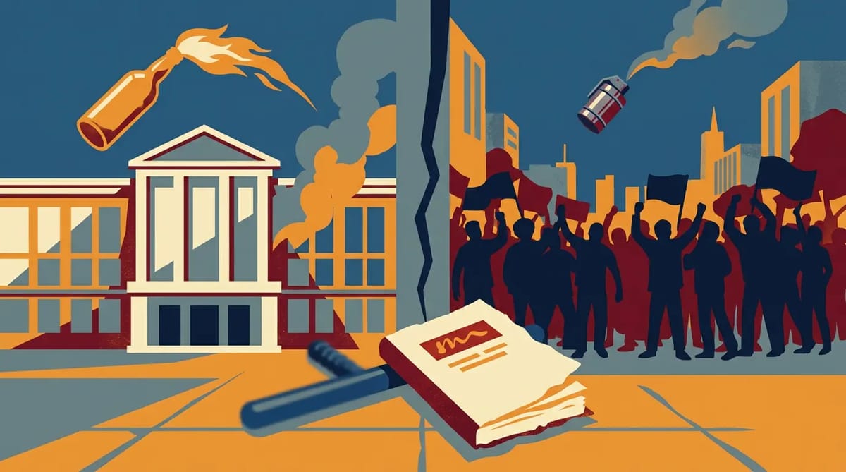 A petrol bomb and tear gas canister mid-air between protesters and police, with a baton and notebook on the ground, symbolizing the clash of violence and surveillance.