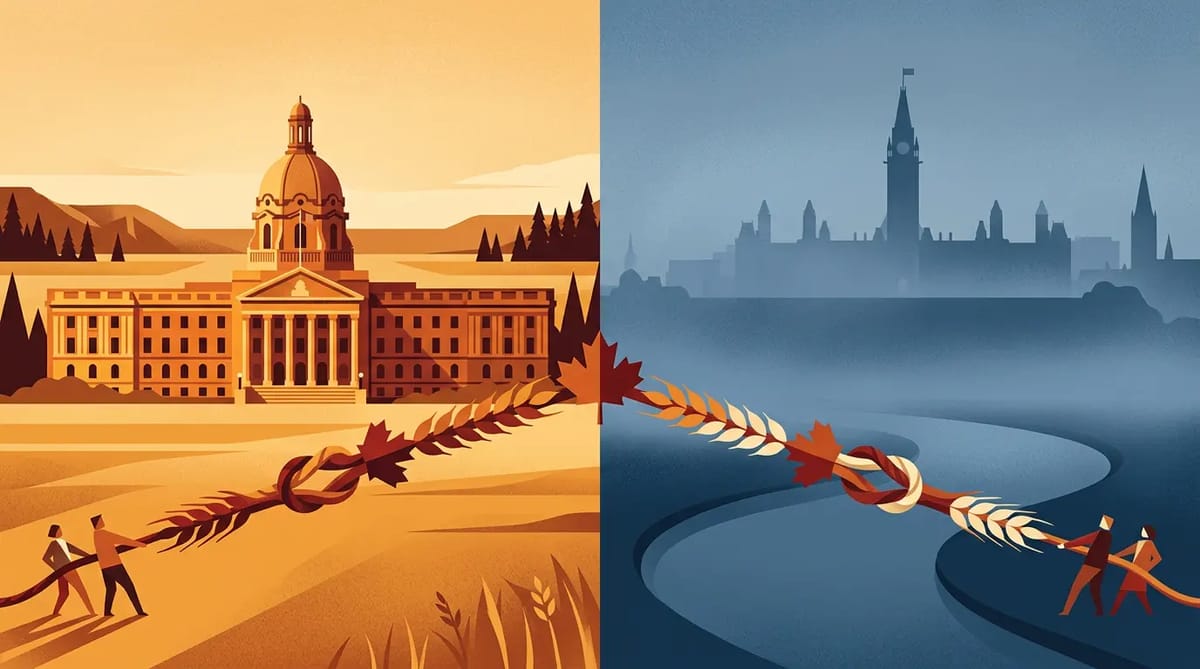 An Alberta landscape divided between provincial legislature and distant Ottawa skyline, linked by a rope of maple leaves and wheat stalks, illustrating tension and connection