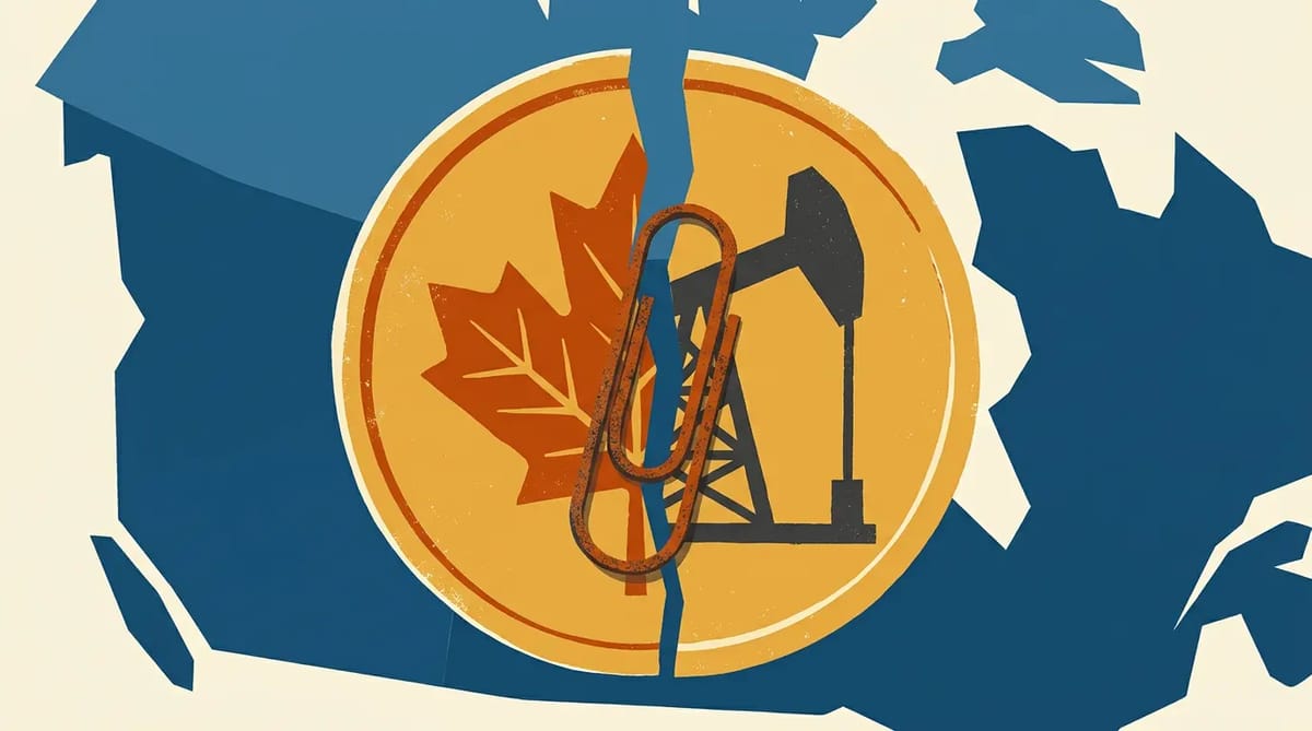 A gold coin split into maple leaf and oil derrick halves, held together by a rusted paperclip labeled EQUALIZATION.