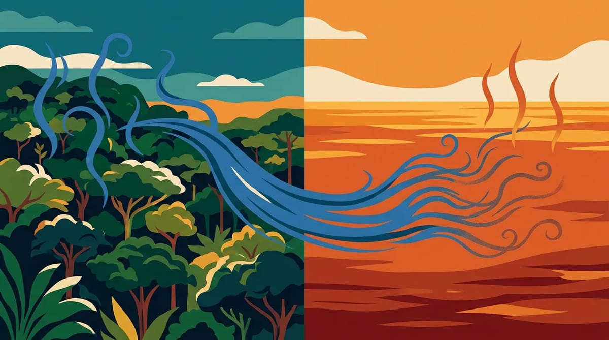 Amazon canopy releasing blue moisture ribbons that fray and dissolve into warming Atlantic Ocean shown as red-orange thermal waves