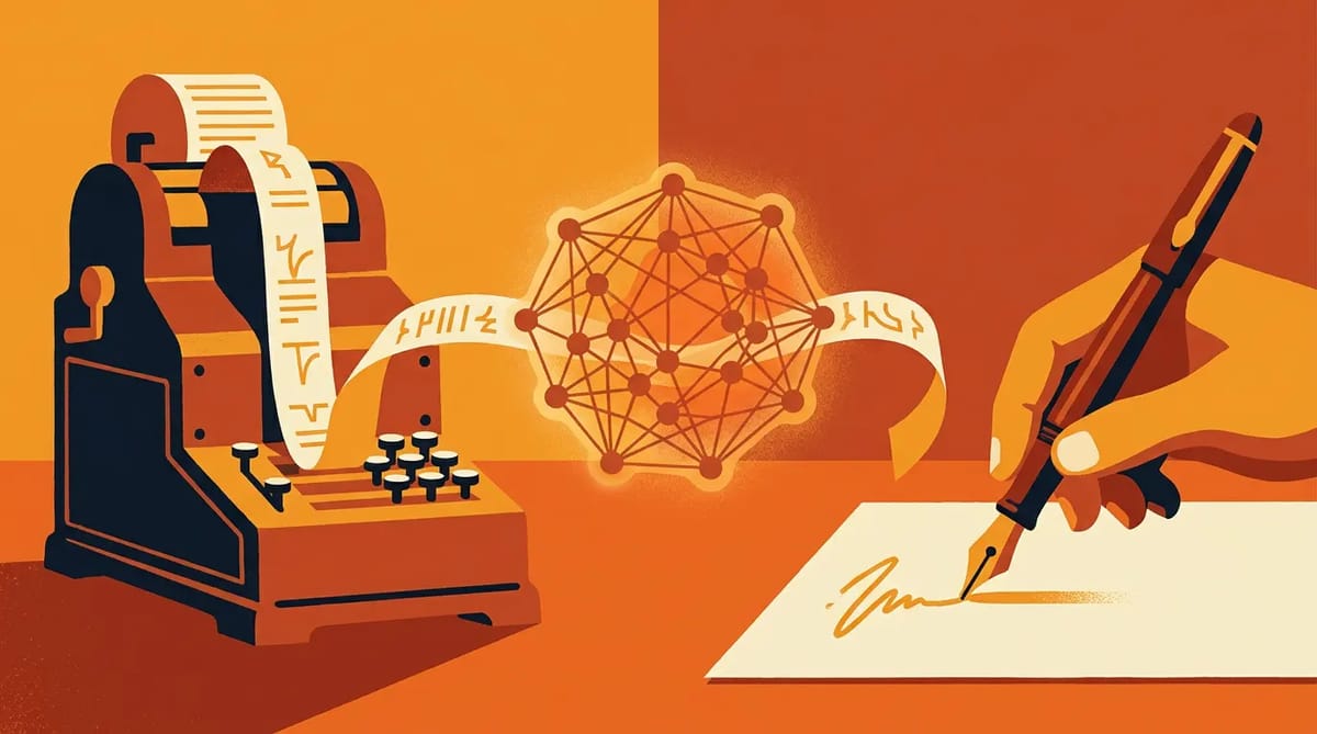 A vintage stock ticker tape feeds into a glowing neural network that rewrites the numbers, while a human hand tries to sign a moving signature line.