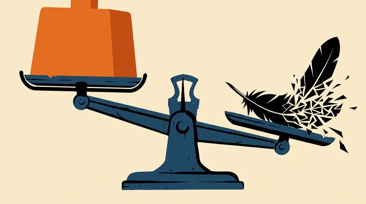 A balance scale where a gold brick labeled $965B is outweighed by a single black feather labeled 1/10,000 that fractures into sharp shards, symbolizing how a tiny existential risk probability dominates a massive valuation.