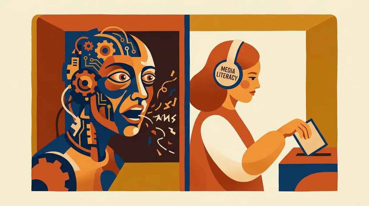 A voting booth divided: one side with a distorted AI face whispering, the other with a voter using media literacy headphones to vote calmly