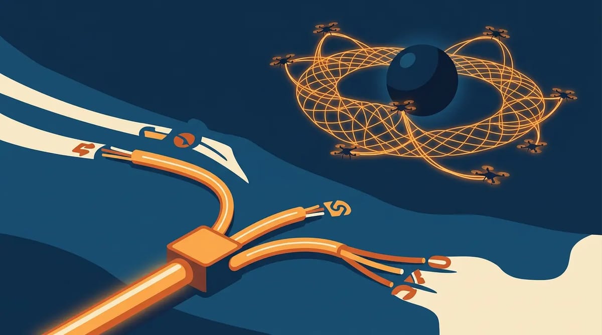 One physical cable splits into three branded strands; above, a drone mesh reroutes around a dark node without human input.
