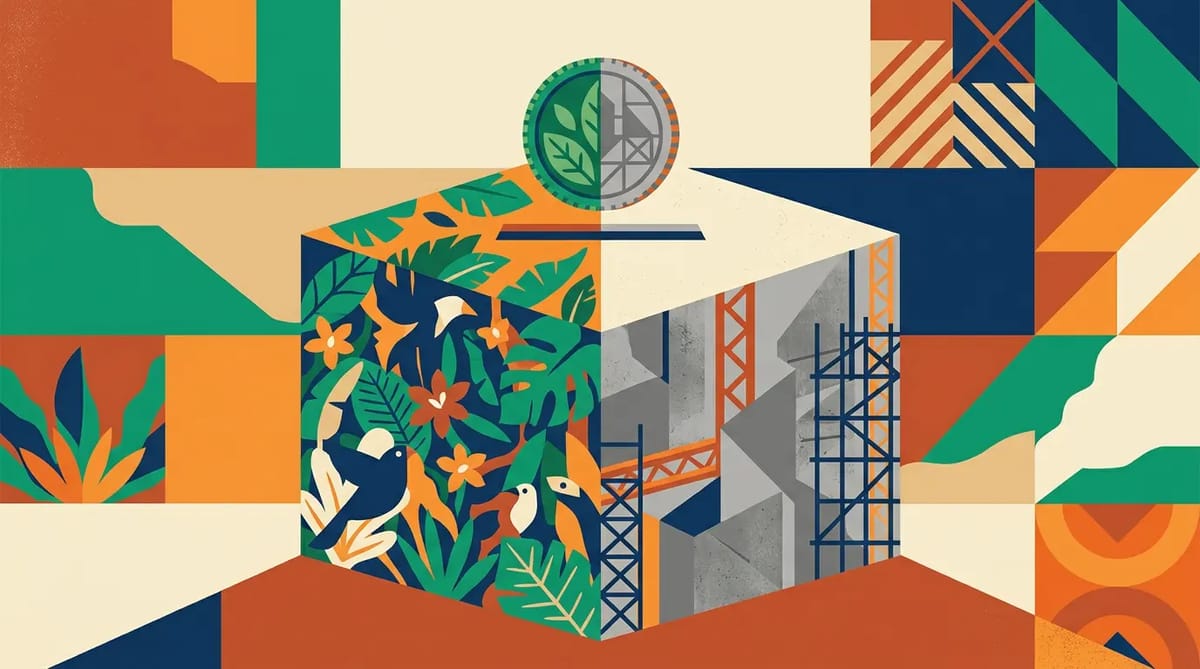 A ballot box divided between forest and concrete, receiving a two-toned coin that merges green and gray halves.