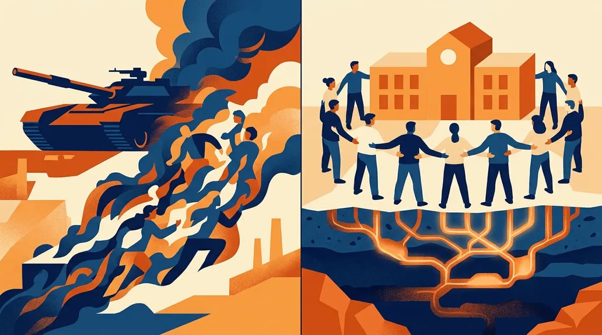 Illustration showing Ukrainian volunteer battalions either being absorbed into the regular army or preserving grassroots networks around a school, symbolizing the tension between institutional integration and local legitimacy.