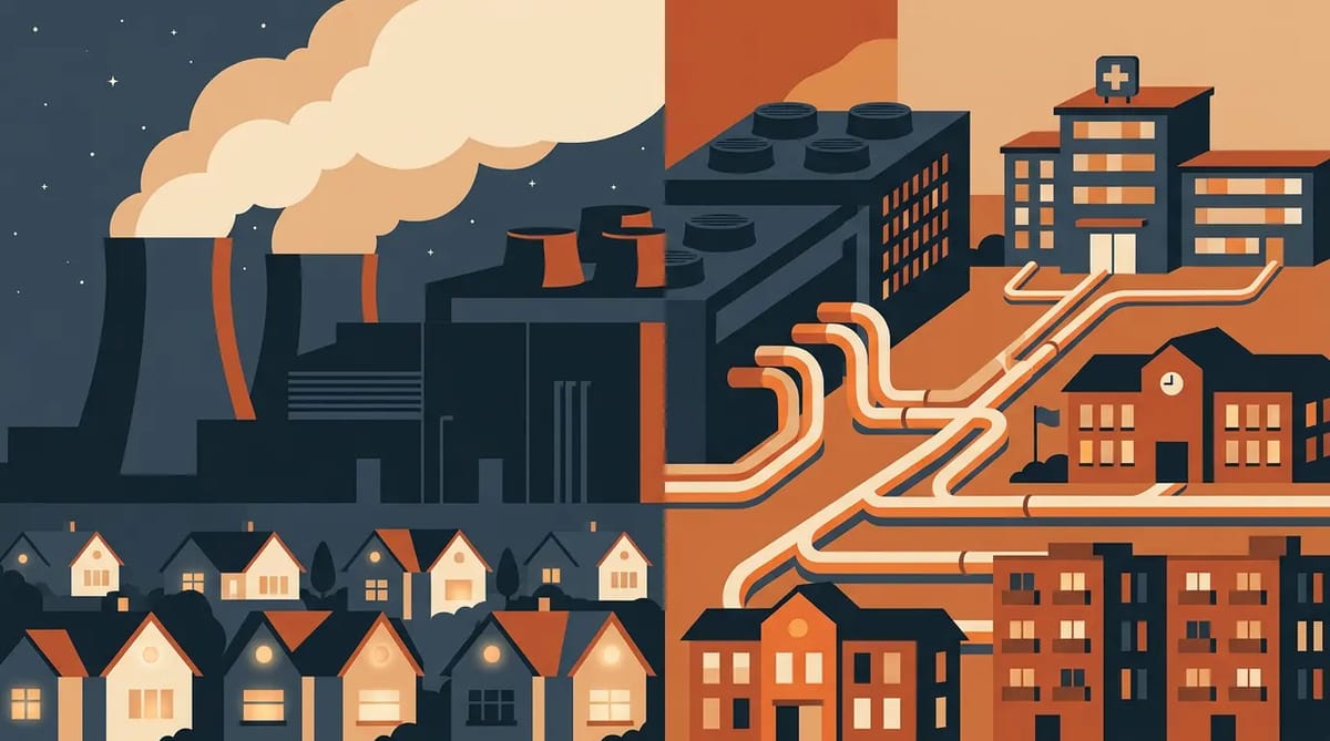 Split scene showing a data center either venting waste heat into the night or channeling it through pipes to heat a hospital, school, and homes