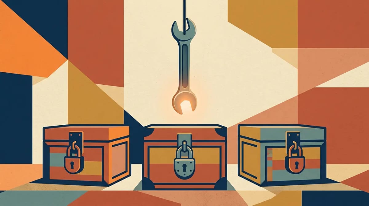 A glowing wrench hovers over three locked boxes representing different countries, symbolizing the jurisdictional tension of cross-border AI deployment.