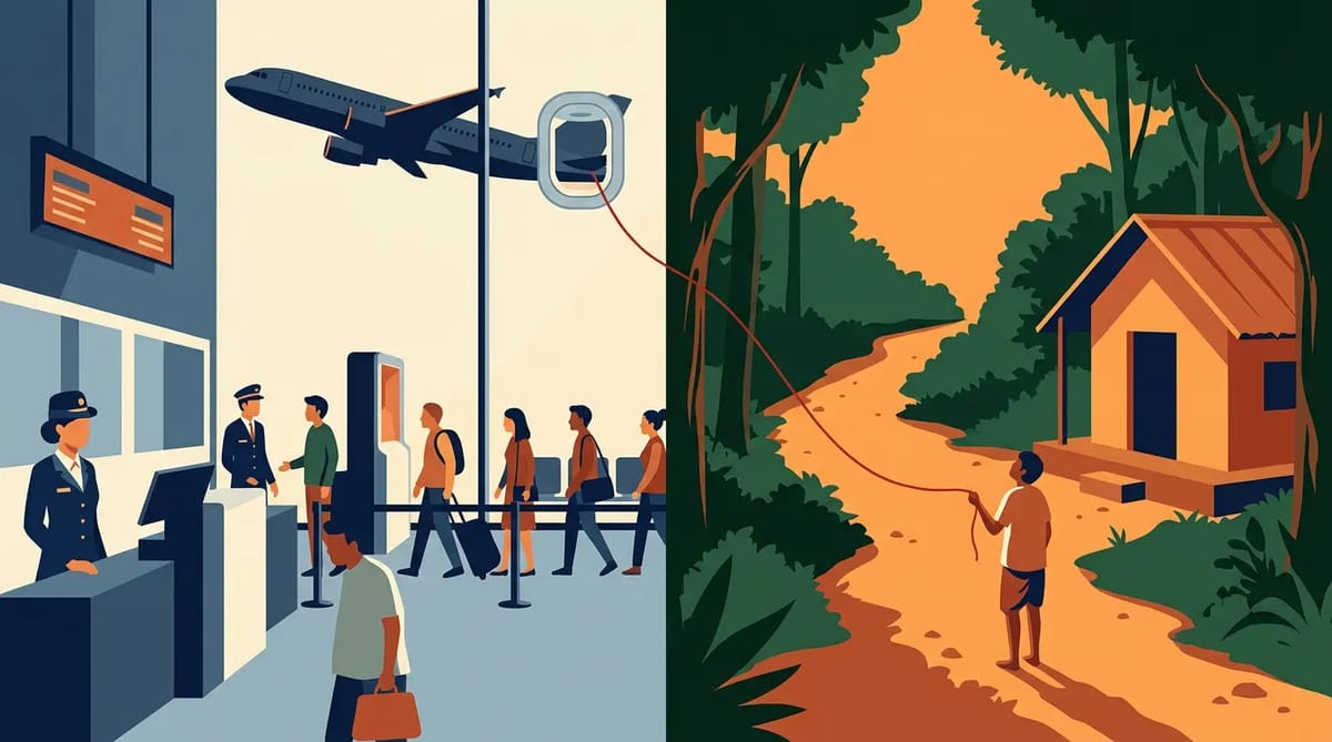 Split scene contrasting a modern airport terminal with thermal scanners against a rural forest footpath leading to a clinic hut, connected by a red thread from a villager to an airplane window.