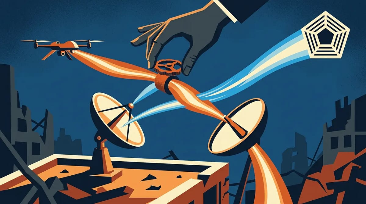 A satellite dish on a damaged rooftop splits into two beams. A hand pinches the gold 'Starlink' beam going to a drone, while the blue 'Starshield' beam flows unimpeded to a government building.