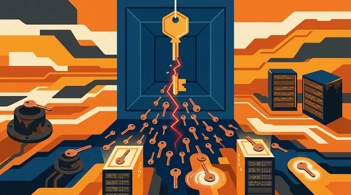 A master key fracturing into smaller keys that fall on servers, industrial sensors, and medical implants, showing how one compromised root affects disparate systems.