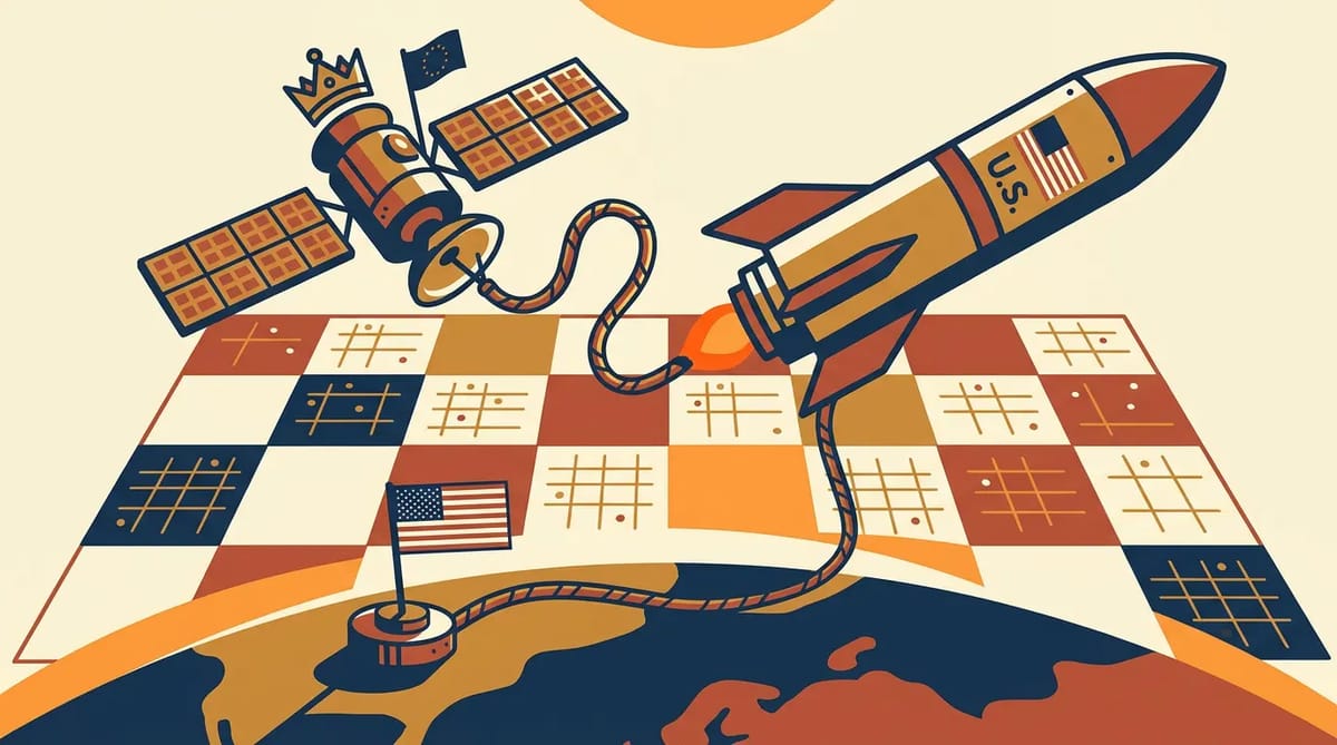 European satellite connected by umbilical cable to American rocket, floating above orbital chessboard with U.S. ground station below