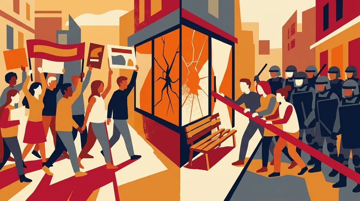 A peaceful protest march divided by a red line, with police on one side and shattered property on the other, symbolising the tension between dissent and disorder.