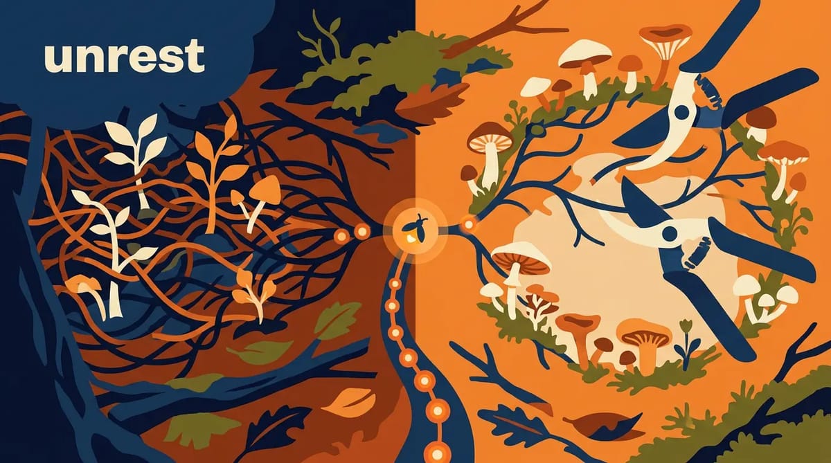 Forest floor split in two: left side choked by dense dark fungal threads, right side pruned with diverse mushrooms growing in a ring, a firefly pulse traveling along a central fungal strand connecting both sides