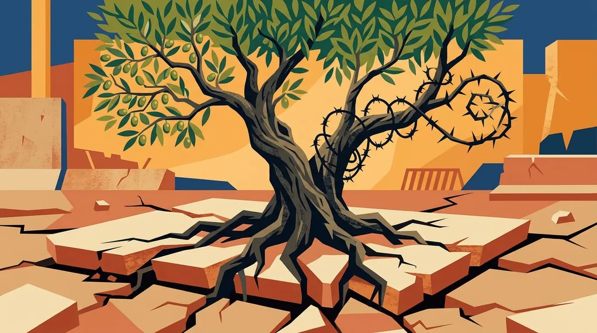 An olive tree growing through cracked concrete, one branch bearing fruit, the other entangled in barbed wire that emerges from the bark like thorns.