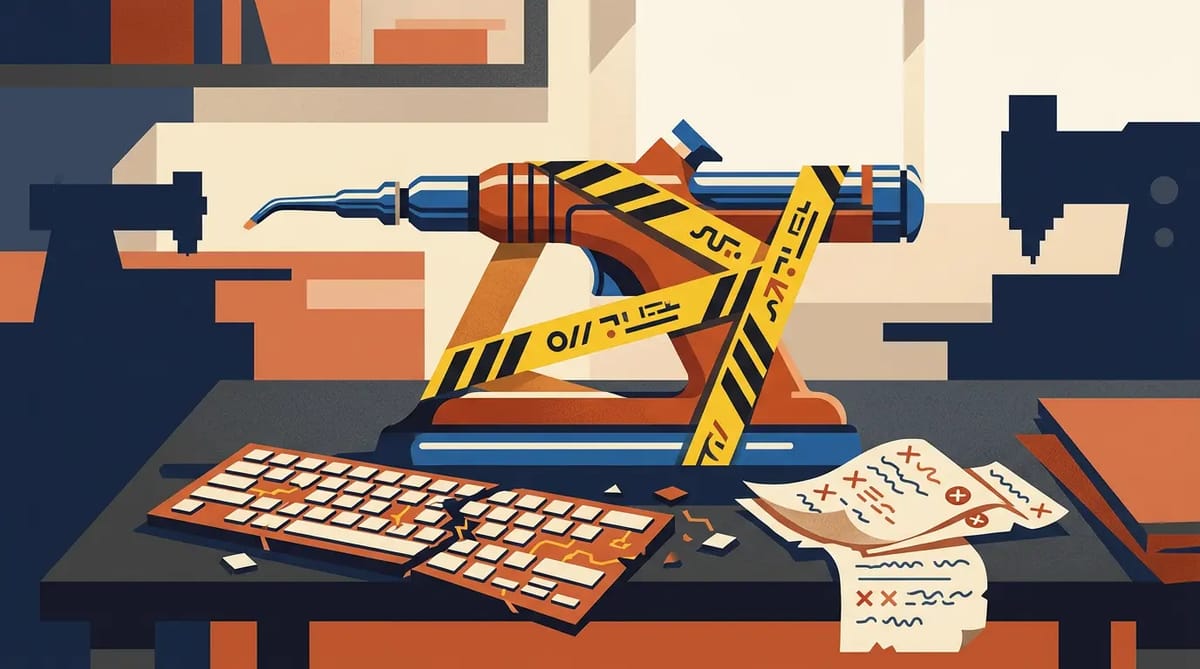 An AI model resembling a surgical instrument wrapped in caution tape on a workbench with broken keyboard and code printouts, symbolizing restricted access and unreliable competence.