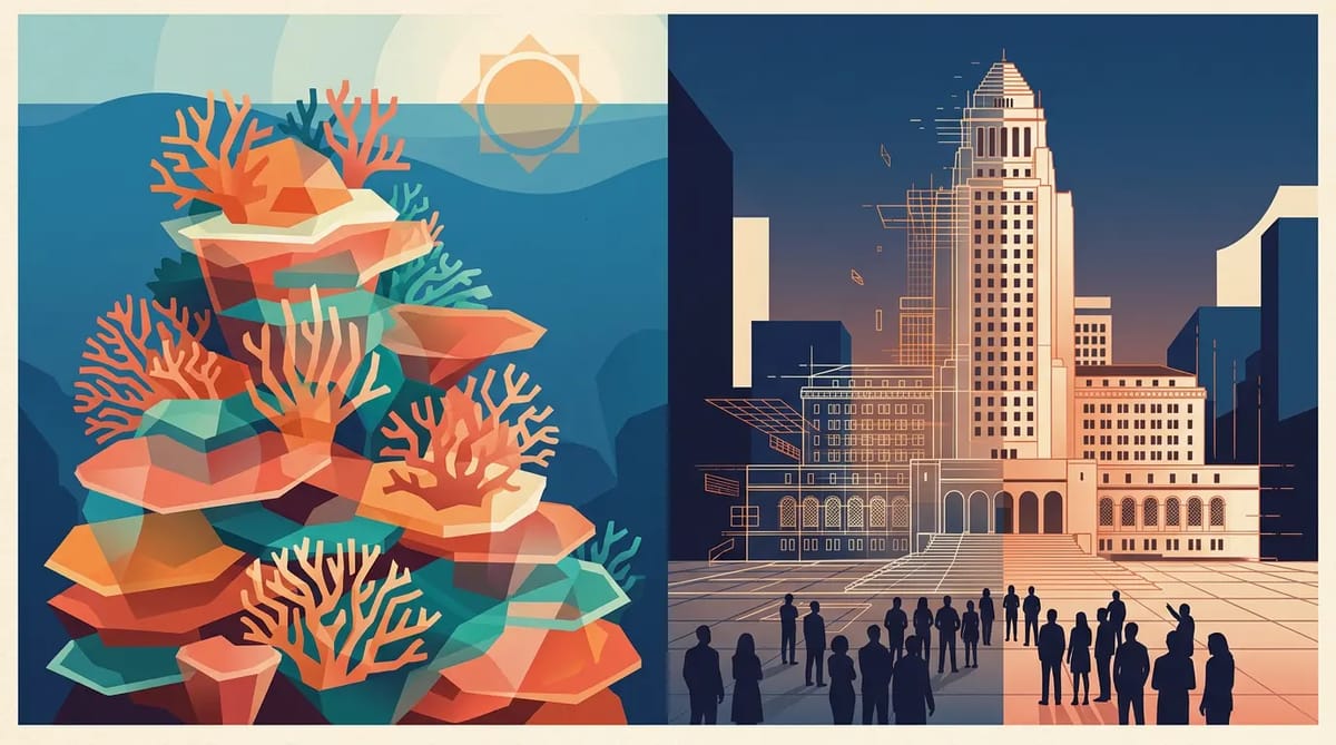 Left: a stylized coral reef built from shifting geometric layers. Right: a city hall flythrough dissolving into ghostly wireframes as a crowd observes.