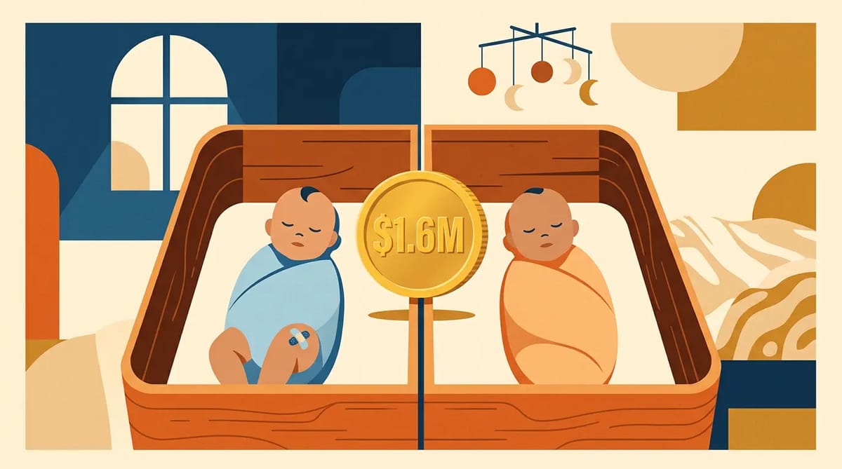 A bassinet divided in two: one infant with a vaccine bandage, one without, separated by a gold coin on edge representing the trial's cost
