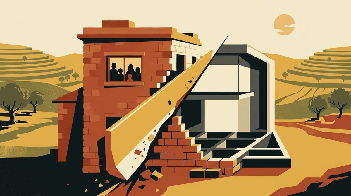 A stone house split in two: one half intact with a family inside, the other half erased and its stones reused as the foundation for a new angular building, with a bulldozer blade as the dividing line.