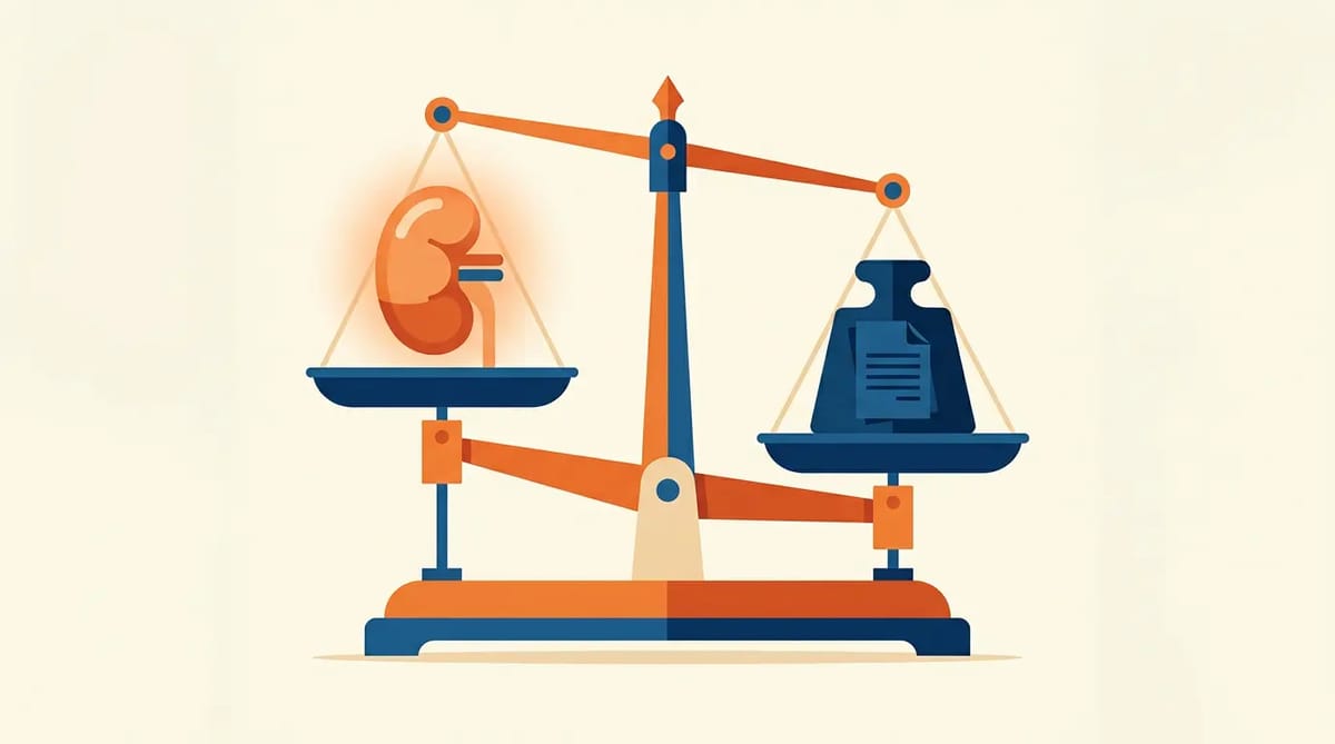 A balance scale weighing a glowing kidney against a heavy iron sanctions document, the kidney side dipping lower.