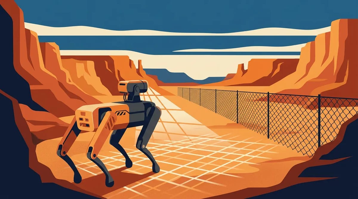 A robot dog at a desert canyon border, half painted safety orange and half tactical gray, projecting a grid of light across the sand toward a distant fence.