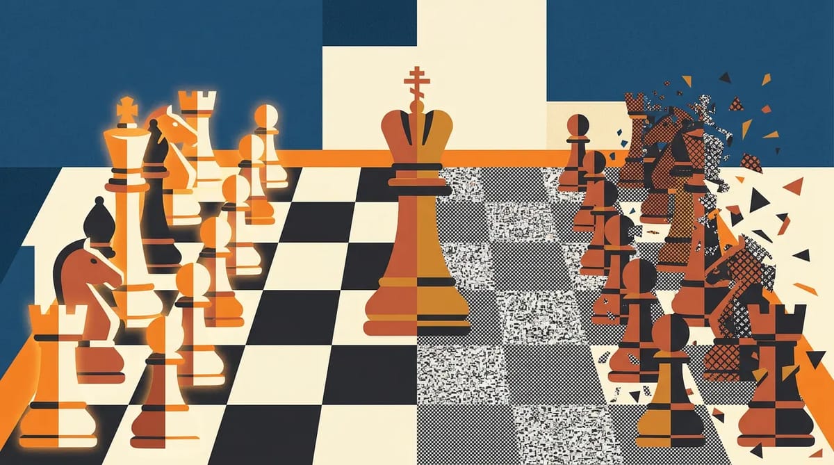 A chessboard split between clear pieces and dissolving static noise, with a king pausing at the dividing line, representing the tension between predictable and unpredictable intelligence sharing.