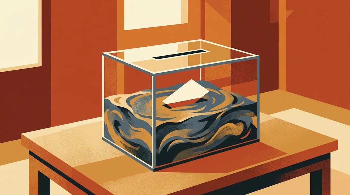 A glass ballot box filled with hardening wet concrete, with a single clean voting slip resting on the surface.
