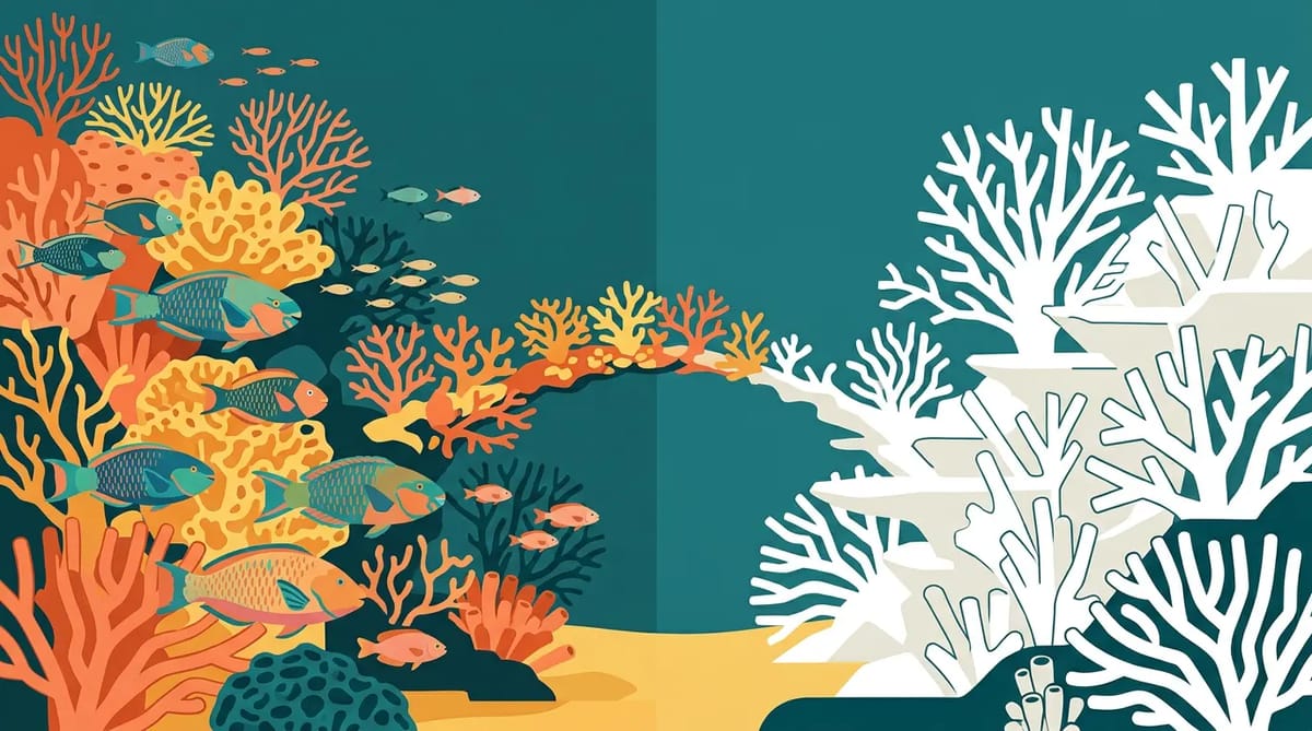 Split coral reef showing vibrant diverse ecosystem on left connecting via thin bridge to bleached uniform coral on right, representing Arab parties' pivotal but fragile bridging role in Israeli coalition arithmetic