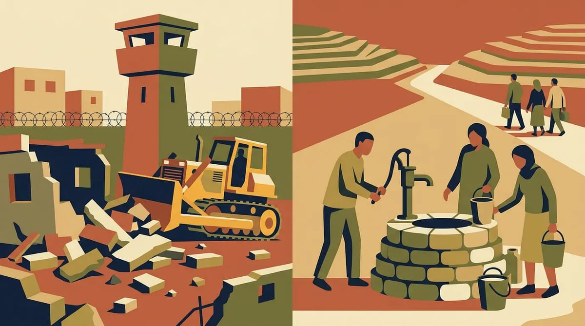 A bulldozer demolishing a Palestinian home under a military watchtower on one side, settlers receiving water from a well on the other as a Palestinian family walks away with empty jerrycans, illustrating unequal resource access and displacement.