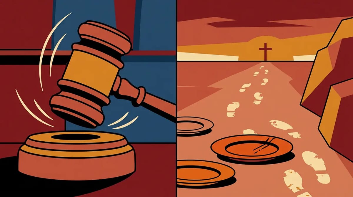 A courtroom gavel on one side and empty plates with footprints leading to a cross on the other, symbolizing justice after starvation deaths.