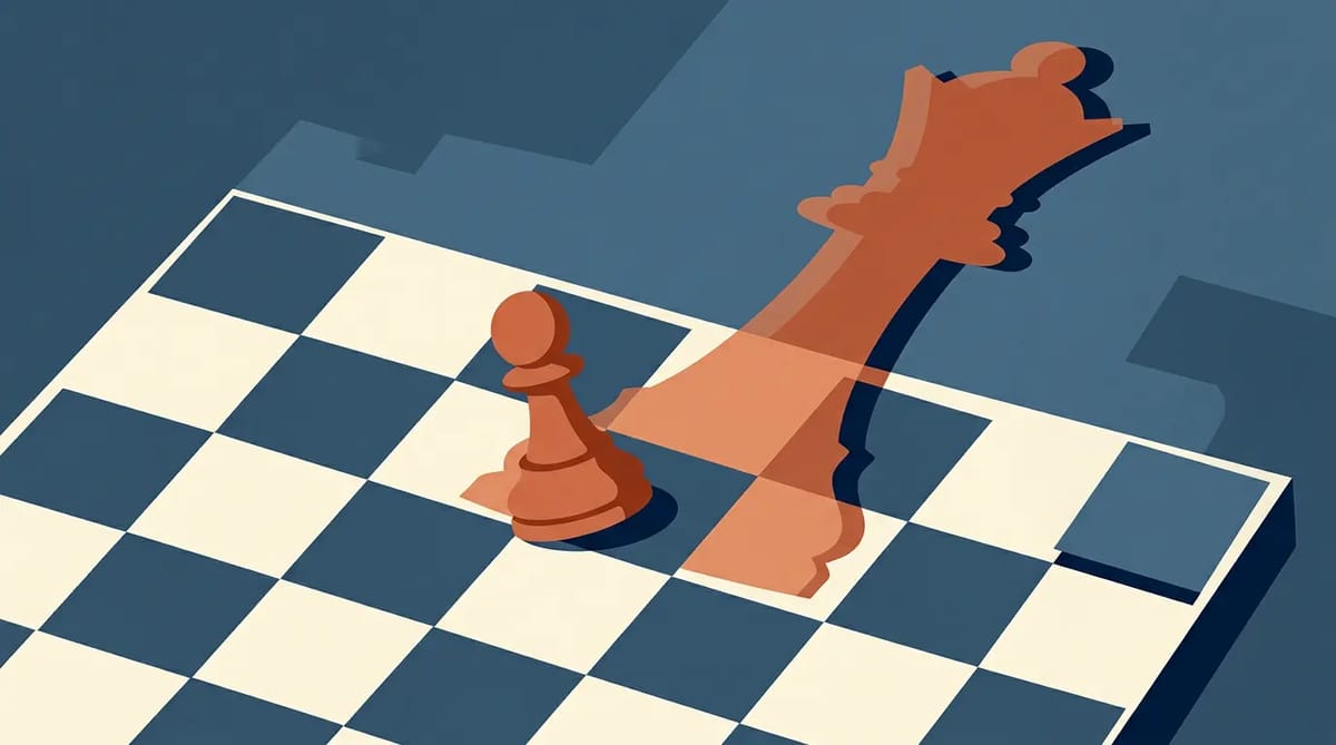 A white chess pawn balanced on a square's edge with a large translucent terracotta queen shadow behind it on a cold gray board.