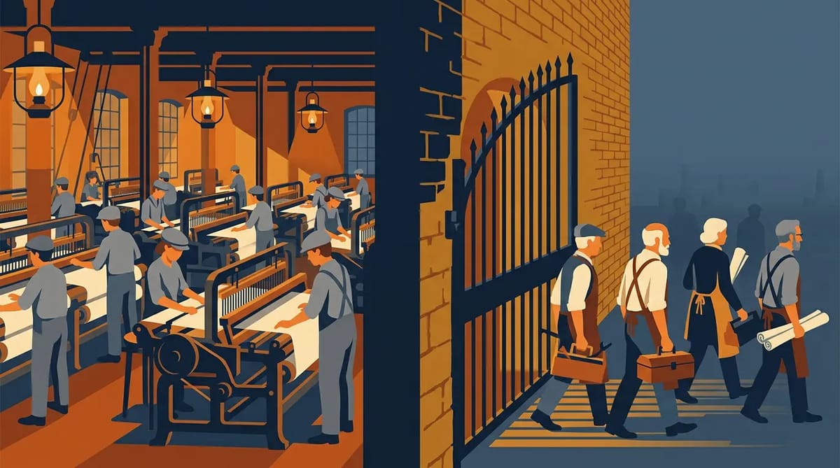 A split textile mill: modern power looms with young uniform workers on one side, an iron gate closing on older artisans with toolboxes walking away on the other.