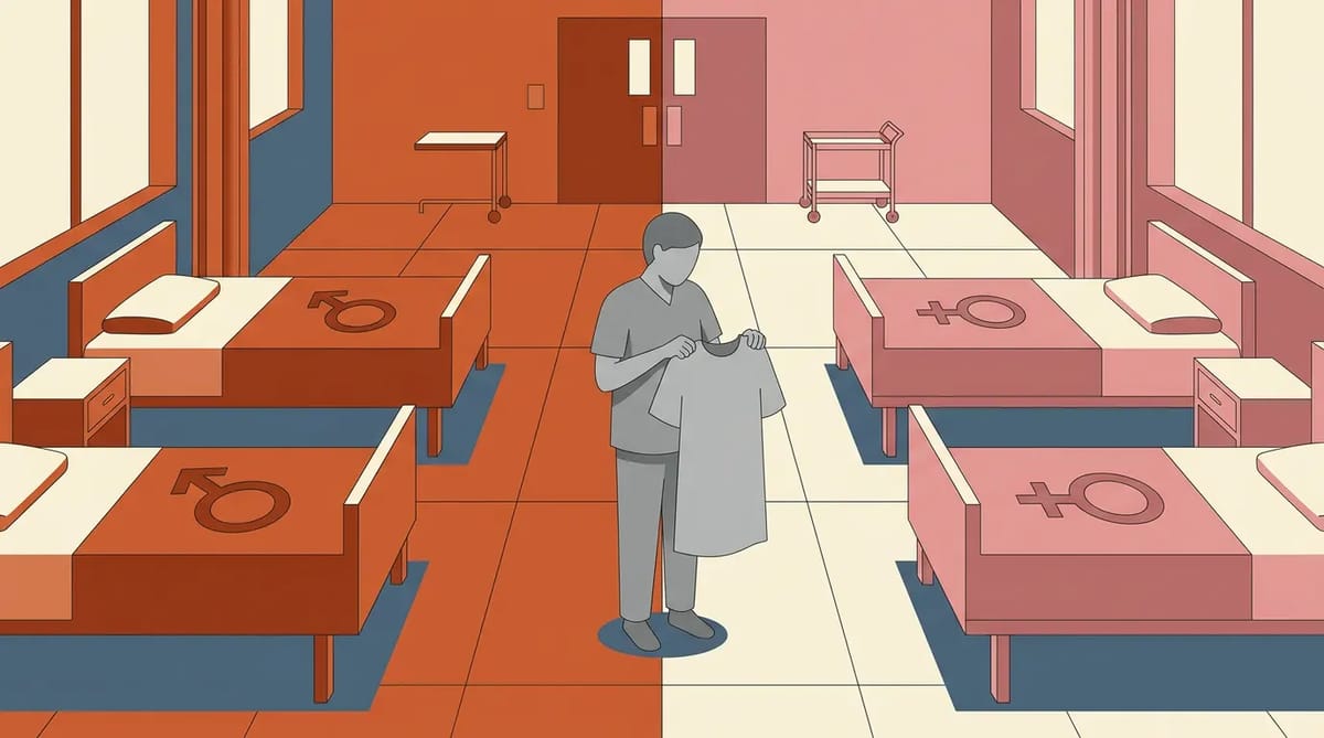 A person holding a hospital gown stands between two coloured ward sections labelled by sex symbols, uncertain where to go