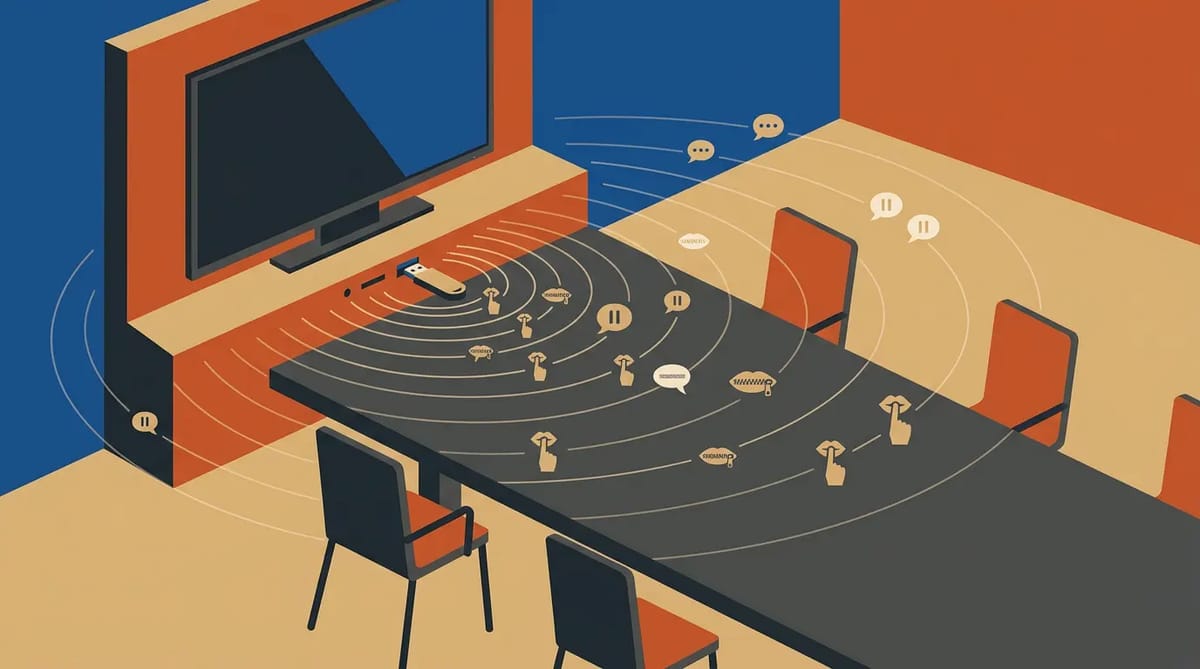 A USB drive plugged into a conference room TV port emits ripples shaped like silencing gestures—fingers to lips, zipped mouths—representing the chilling effect of suspected surveillance.