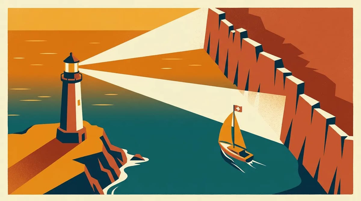 A lighthouse beam divided by a national border wall; a small boat with a Swiss flag turns away from the wall toward open water labeled global DNS.