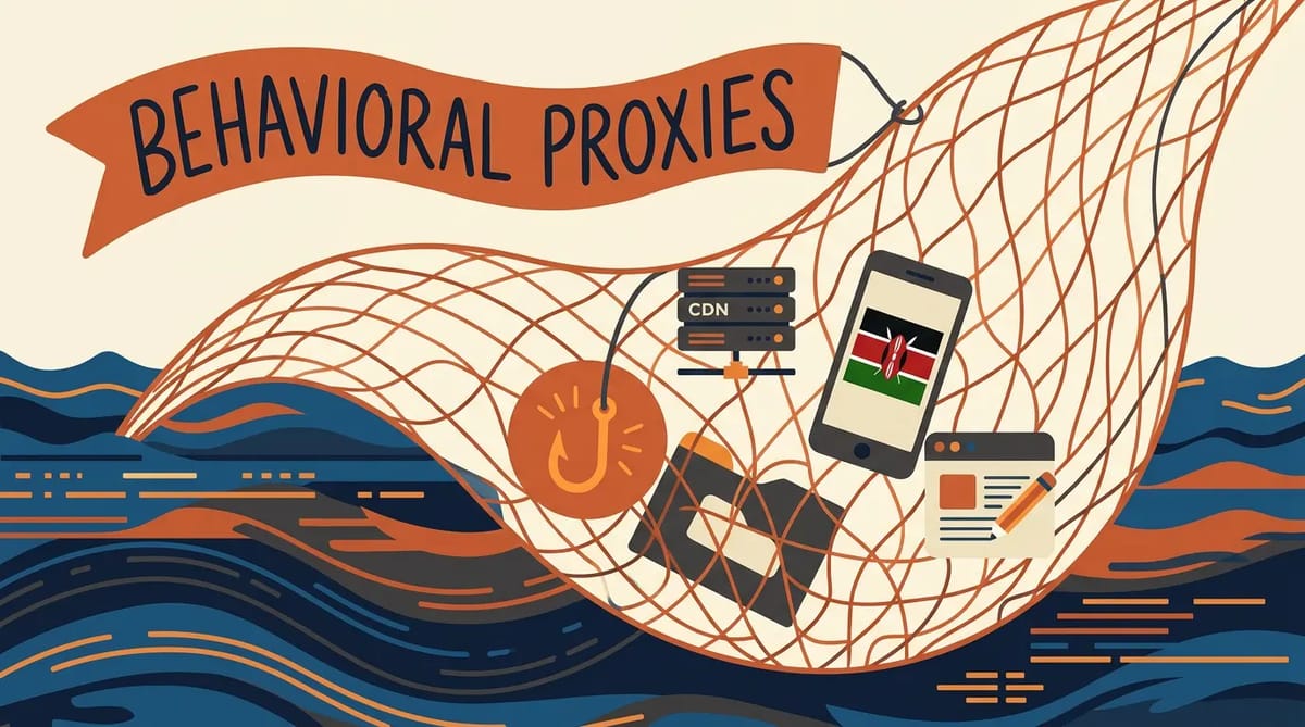 A net labeled behavioral proxies catches a phishing hook, a CDN server, a Kenyan mobile phone, and a small blog icon together, showing how broad suspension rules catch legitimate users alongside threats.