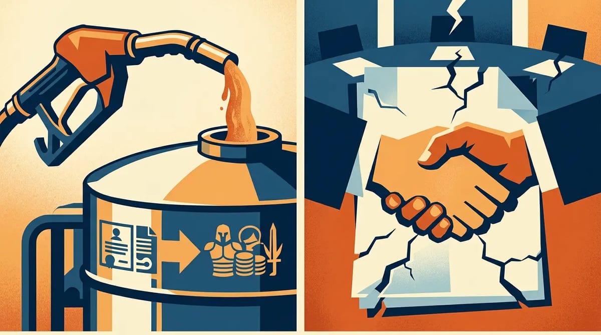 A gas pump pouring relief funds into a Russian war tank, contrasted with a broken diplomatic handshake over a ceasefire document.
