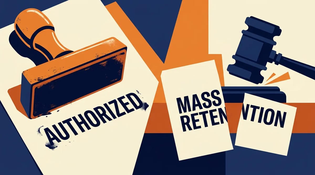 A rubber stamp smudging 'AUTHORIZED' on one side, a gavel cleanly splitting a document labeled 'MASS RETENTION' on the other, in warm flat colors.