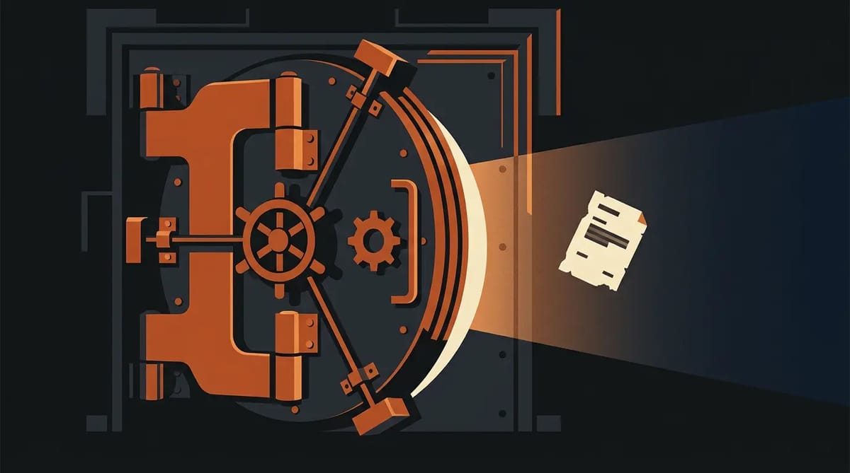 A heavy vault door slightly open with a beam of light revealing a document inside, symbolizing a secret court ruling the government won't release.