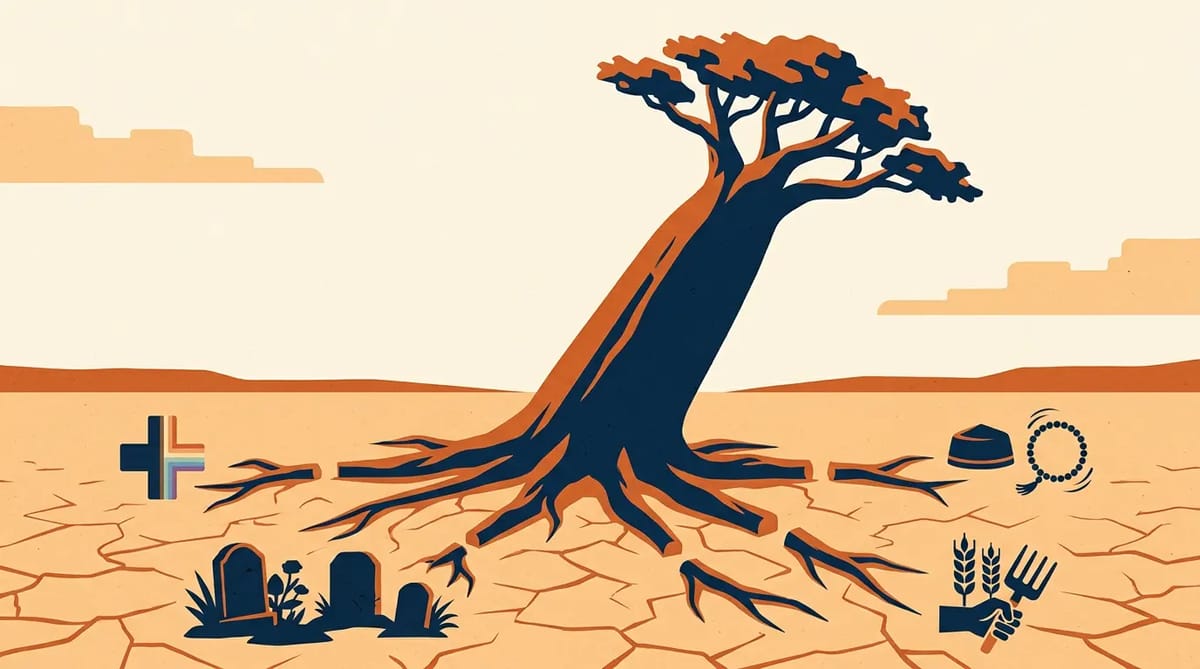 A baobab tree with severed roots labeled for different community groups, symbolizing how targeting one voluntary network threatens all civic associations.