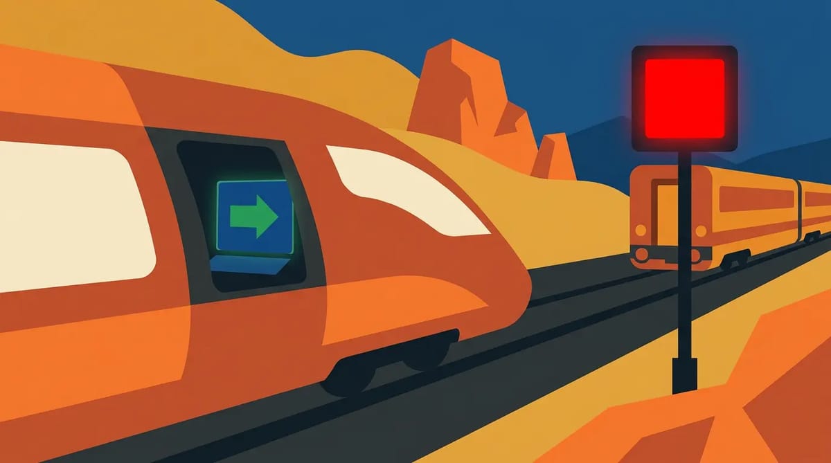 High-speed train approaching a red signal while the cab display shows green; a stationary train waits on the track ahead.