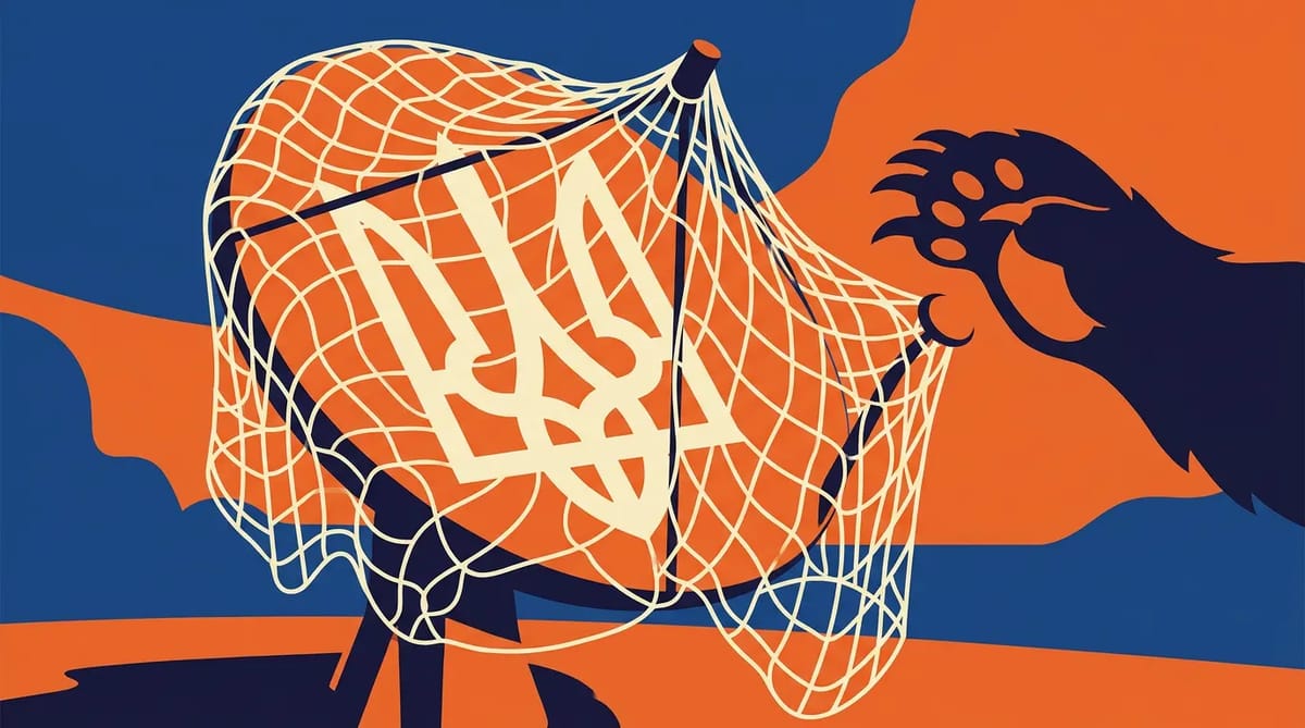 A satellite dish formed as a loose net covers a Ukrainian trident symbol; a bear paw reaches through empty mesh, illustrating the tension between control and escape.
