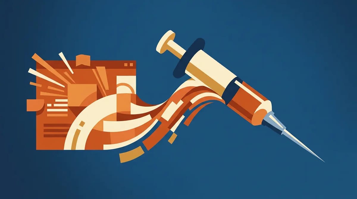 An online advertisement morphing into a syringe, symbolizing targeted ads delivering spyware