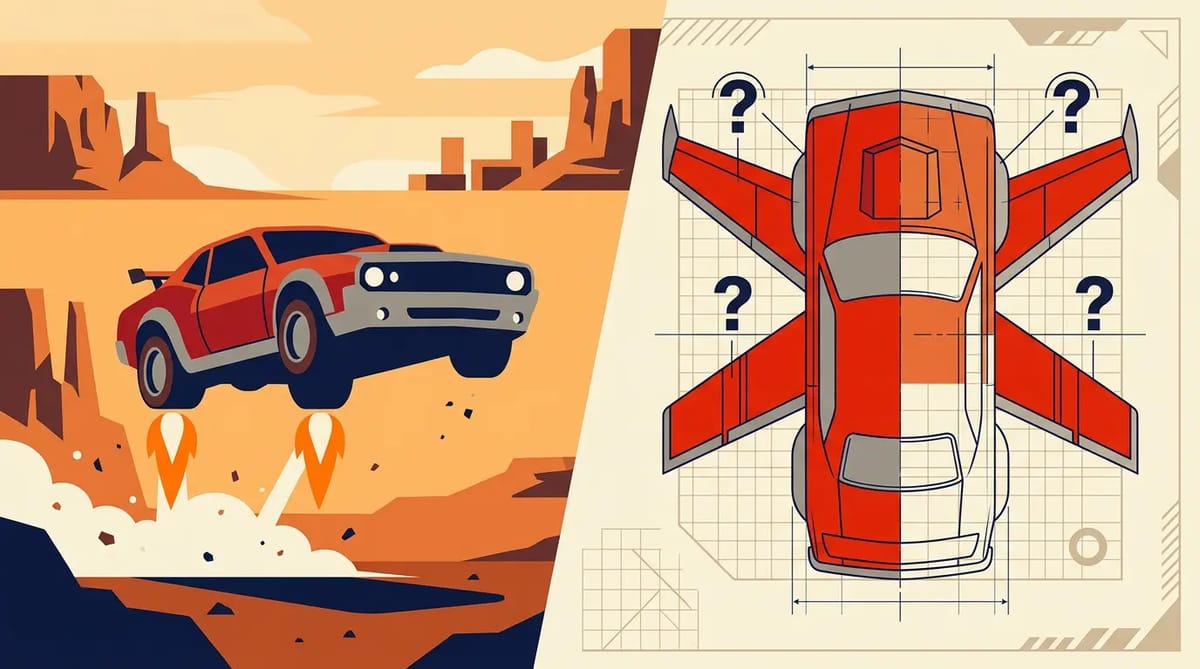 A car mid-flight with thruster flames on one side, and the same car as an outline with question marks replacing wings on the other.