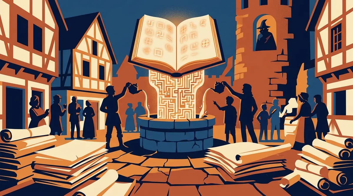 A stylized medieval town square with a glowing algorithmic well at center. Silhouetted townspeople pour tea into a floating ledger book showing suppressed and boosted content. Shadowy figure watches from a tower. Cracking paving stones bear layered scrolls representing accumulated regulations.